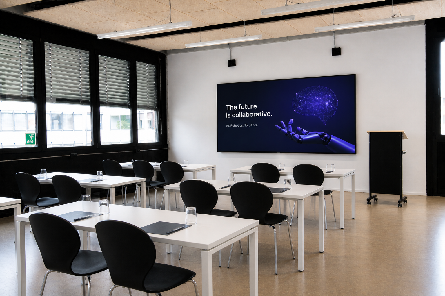 Workshop Area with white tables, black chairs and a large screen