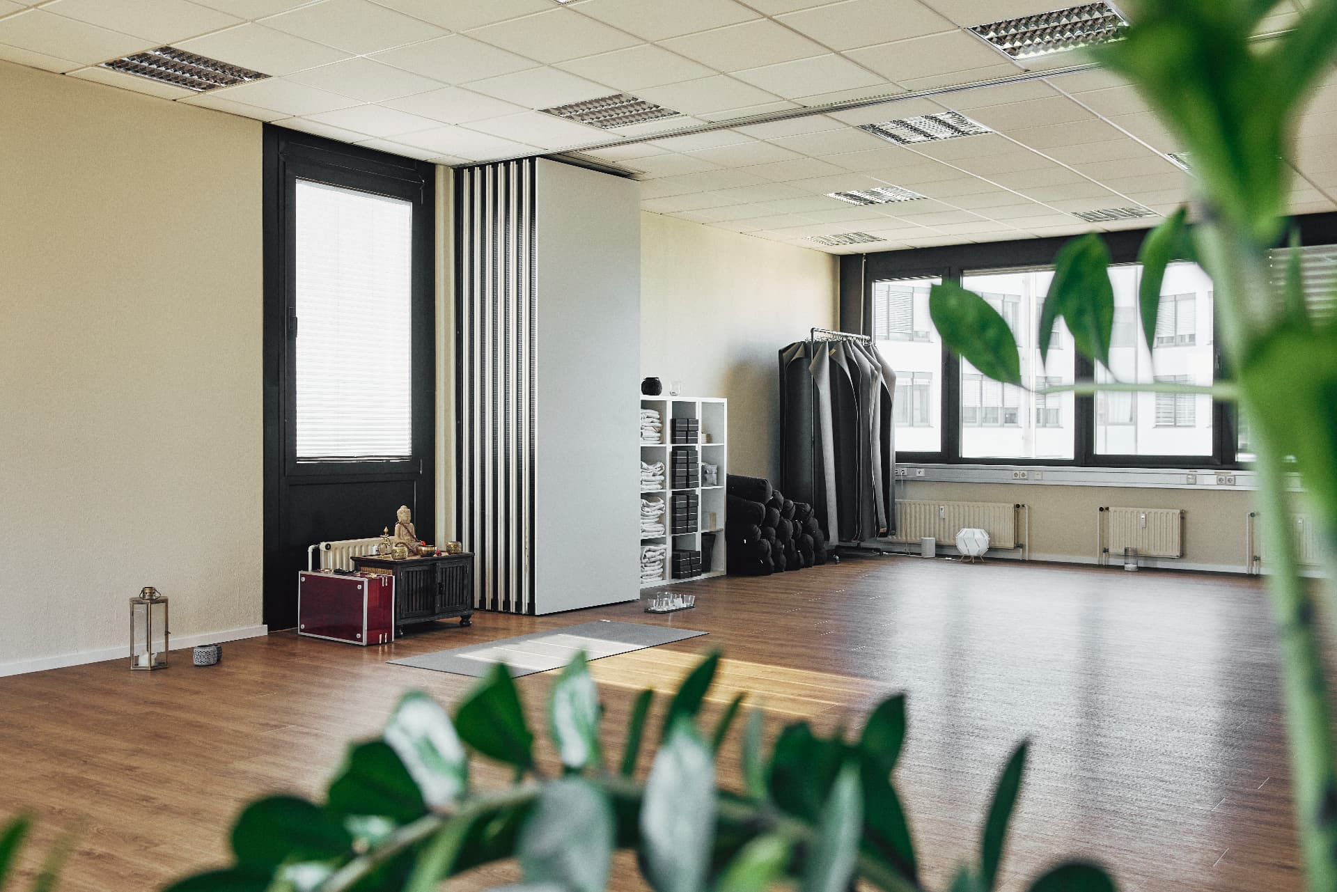 move_n: bright movement room with wooden floor, yoga equipment and window front